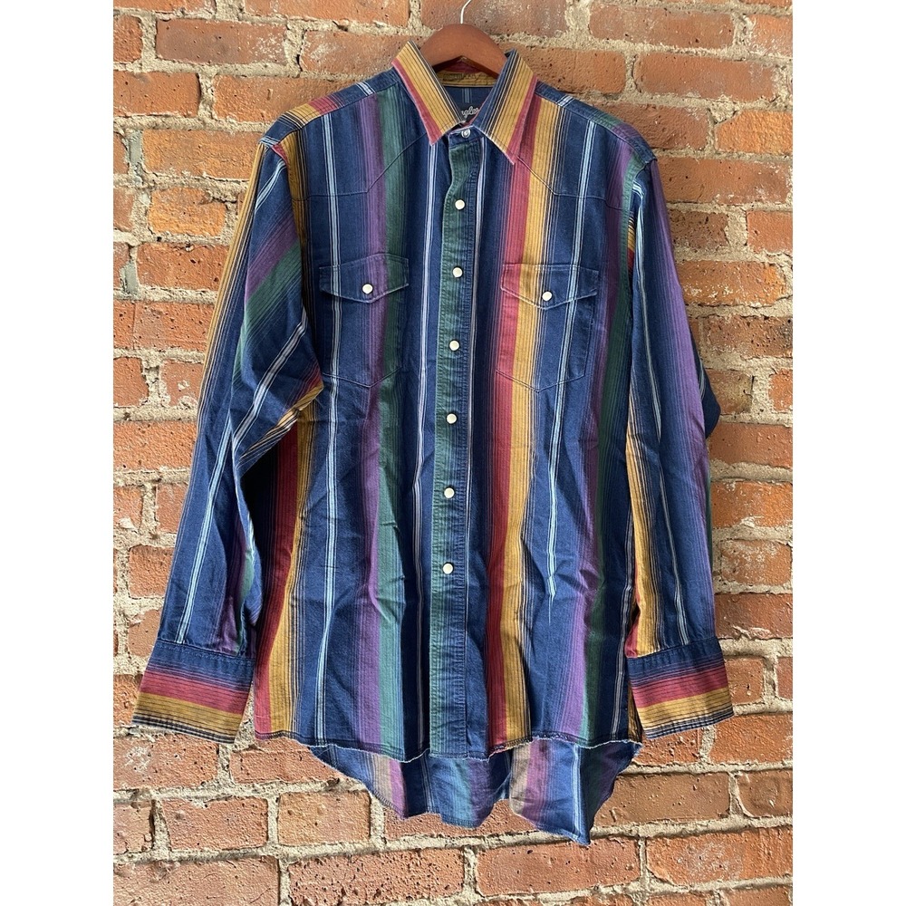 Vtg Wrangler Men's Brushpopper Pearl Snap Shirt 16.5x35 Blue Striped Western